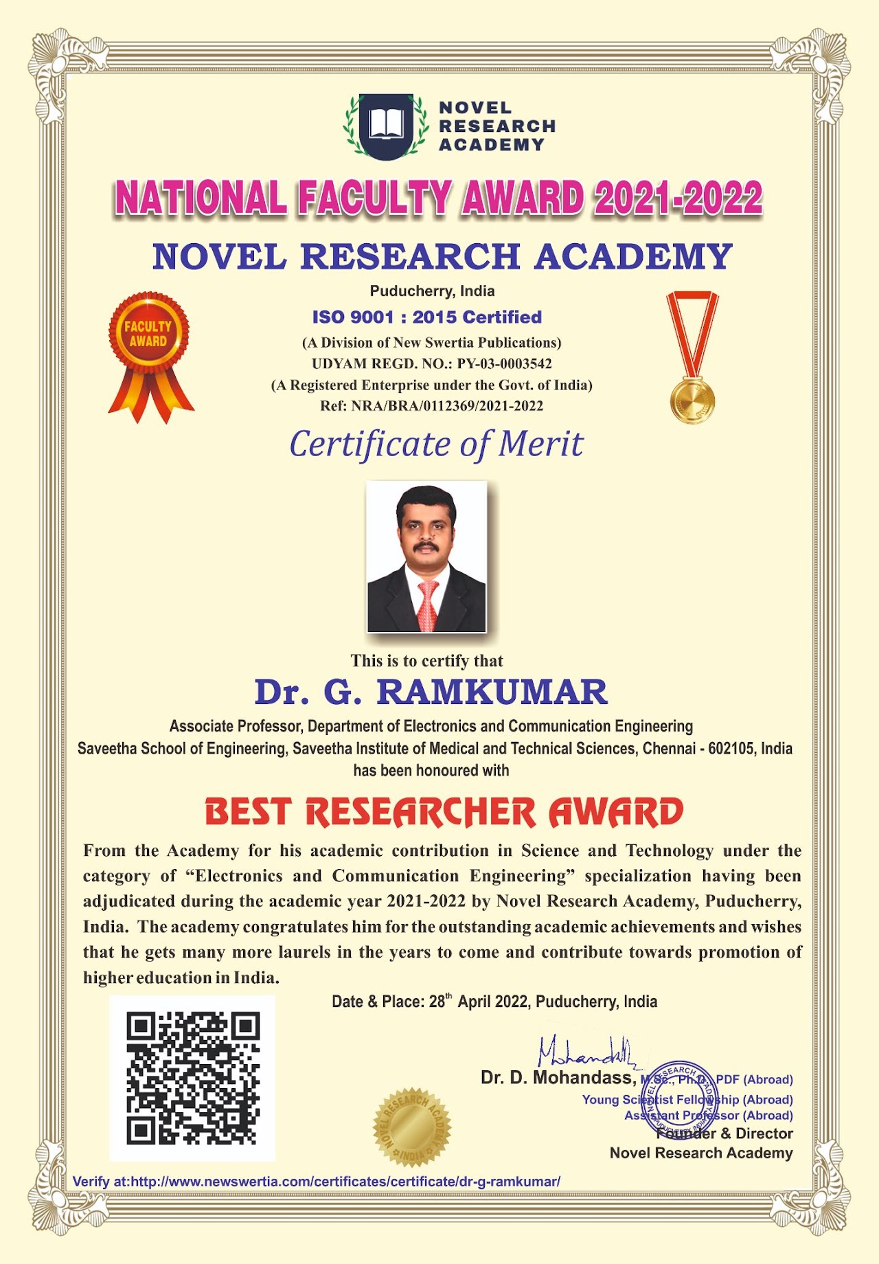 Ramkumar - Best Researcher Award